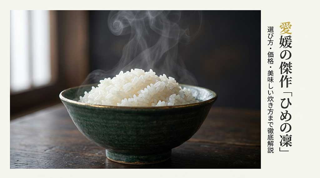 湯気が立つ美味しそうな白いご飯が盛られた茶碗と、愛媛の傑作ひめの凜の文字