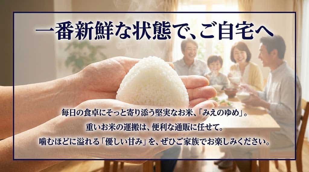 一番新鮮な状態で自宅へ届く、毎日の食卓にそっと寄り添う堅実なお米「みえのゆめ」の優しい甘みをご家族で楽しんでほしいというメッセージをまとめた結びのスライド