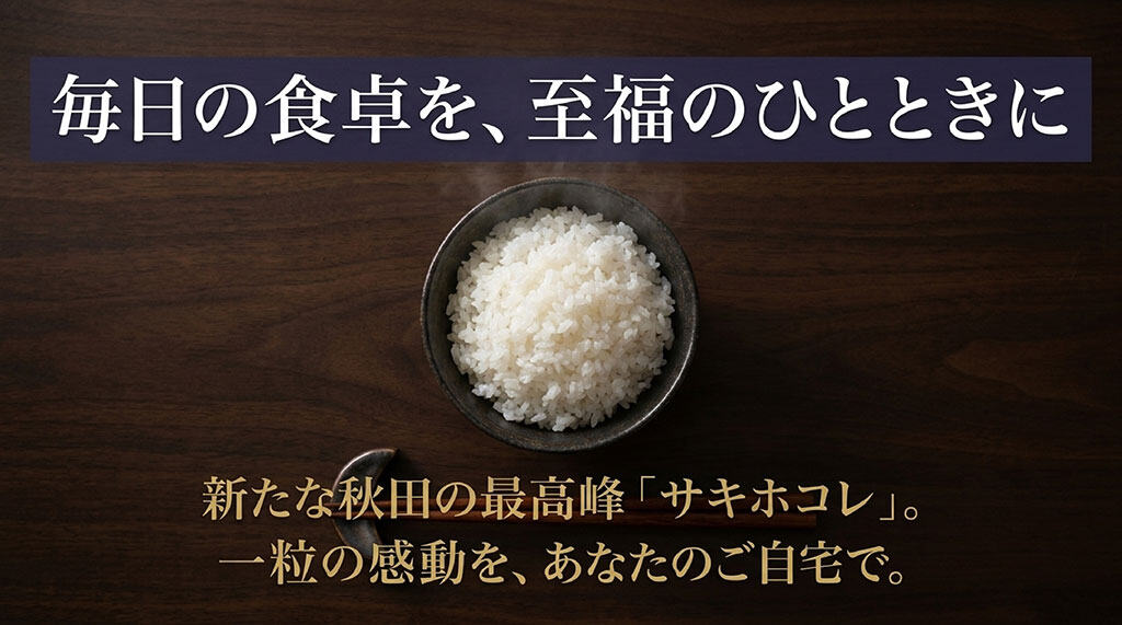新たな秋田の最高峰「サキホコレ」で毎日の食卓を至福のひとときに変えようと呼びかける、まとめの結びスライド。