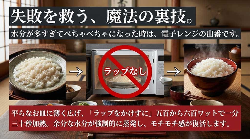 べちゃべちゃご飯のリカバリー裏技：電子レンジのラップなし加熱でモチモチ復活
