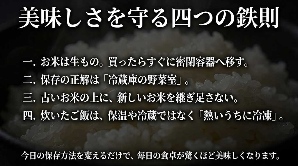 お米の保存方法のまとめ。密閉・野菜室・継ぎ足し禁止・冷凍保存