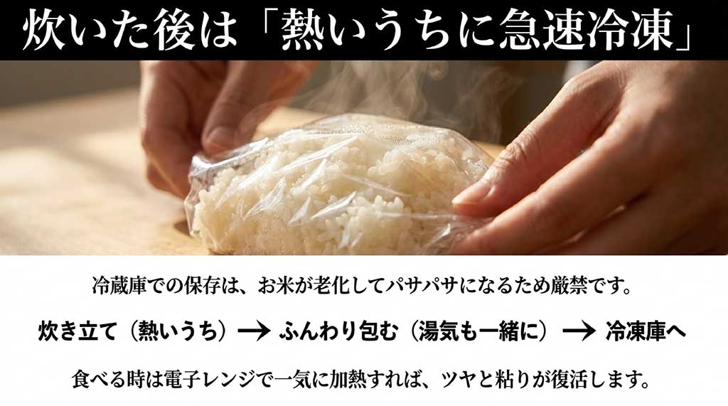 炊き立てのご飯を熱いうちに急速冷凍して美味しさを保つ手順