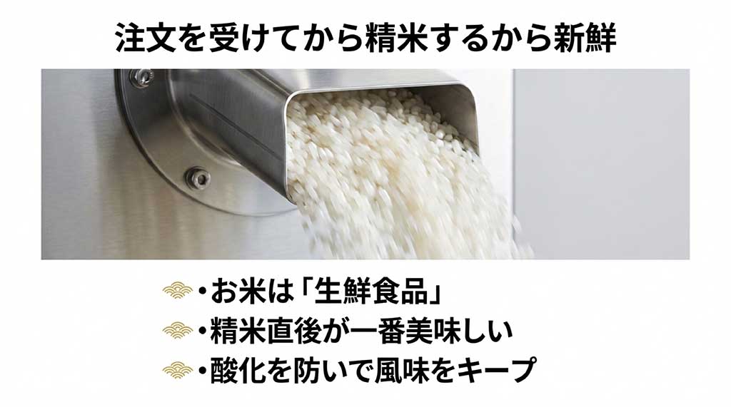 精米機から新鮮な白米が流れ出ているクローズアップ画像