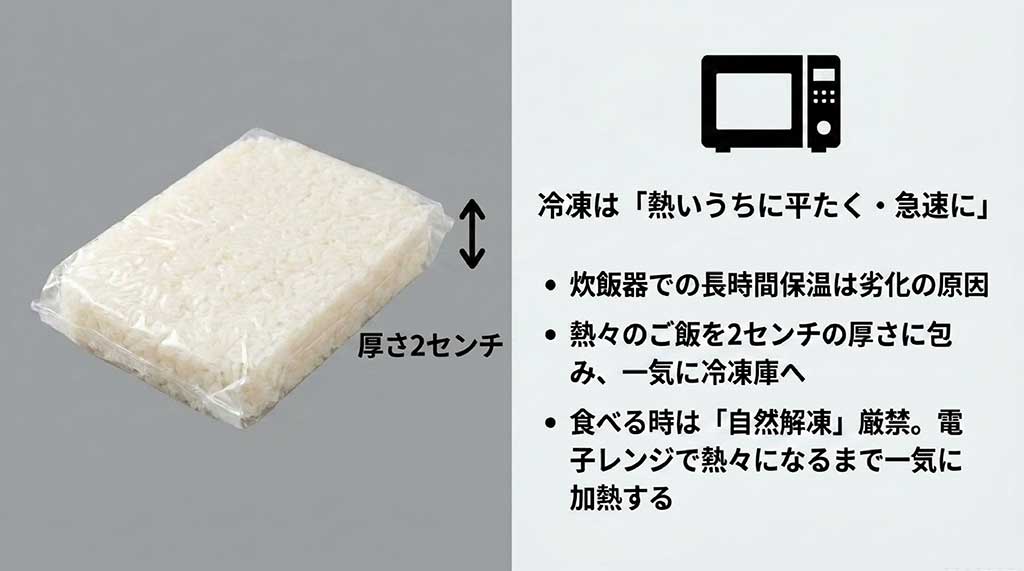 炊き立てを厚さ2cmの平らな状態で包み、急速冷凍とレンジ解凍で美味しさを再現する方法
