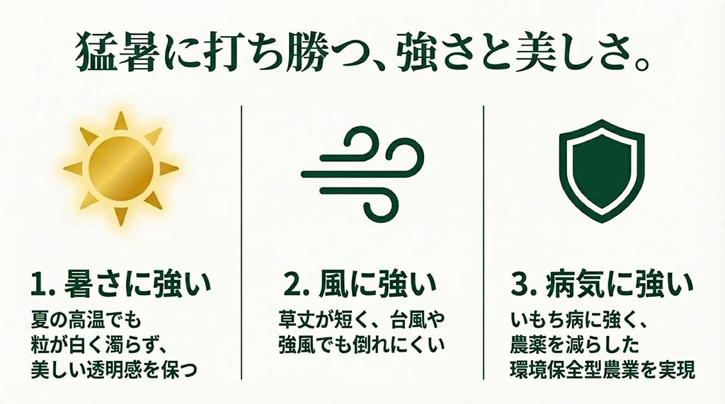 夏の暑さに強く、風で倒れにくく、病気(いもち病)にも強い富富富の3つの強みの解説