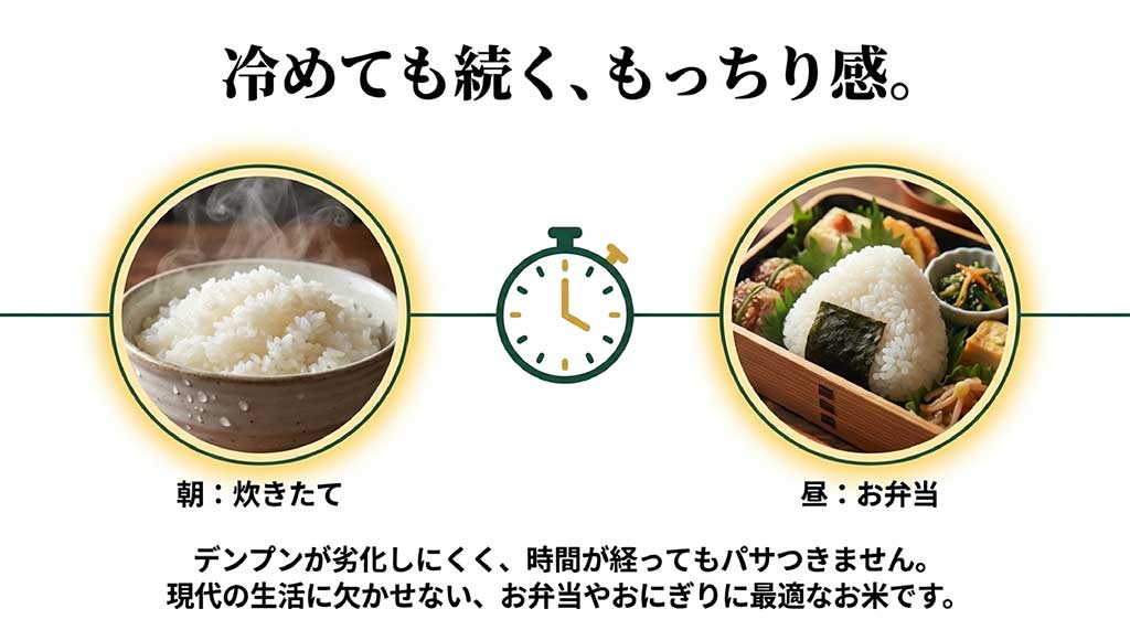デンプンが劣化しにくく、冷めてもお弁当やおにぎりでもっちり感が持続する富富富のメリット