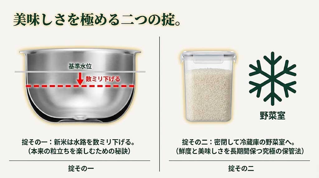 新米の水分量を数ミリ下げる炊き方の掟と、野菜室での密閉保存による鮮度維持の秘訣