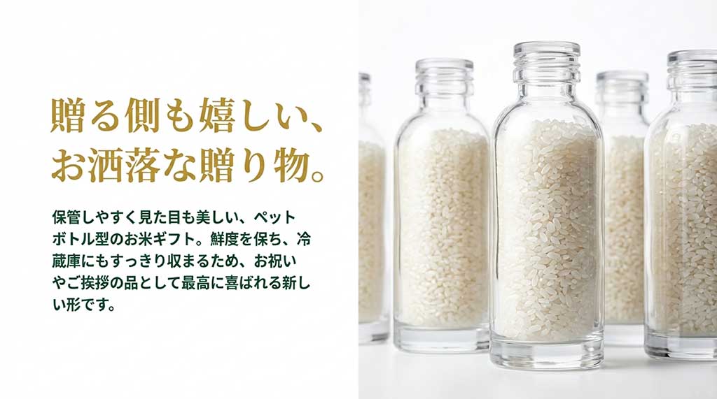 鮮度を保ち冷蔵庫に収まりやすい、贈り物に喜ばれるペットボトル型の富富富ギフト