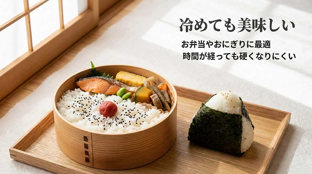 時間が経っても硬くなりにくく、お弁当やおにぎりに最適であることを説明するスライド