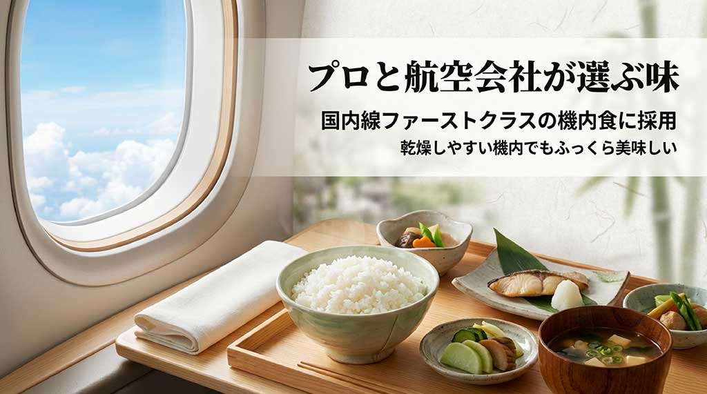 乾燥しやすい機内でもふっくら美味しいと評価され、JAL国内線ファーストクラスに採用された実績を紹介するスライド