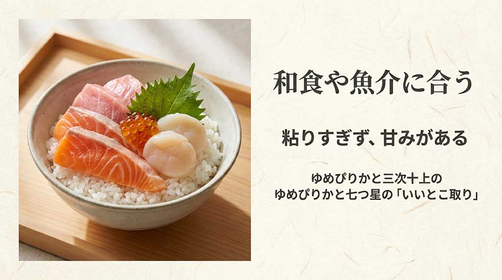 ゆめぴりかとななつぼしの良いとこ取りで、粘りすぎず甘みがあり、和食や魚介に合う特徴を説明するスライド
