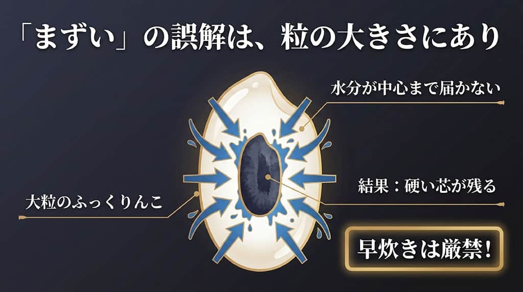 大粒のふっくりんこは水分が中心まで届きにくく、早炊きすると硬い芯が残るメカニズムを説明したお米のイラスト