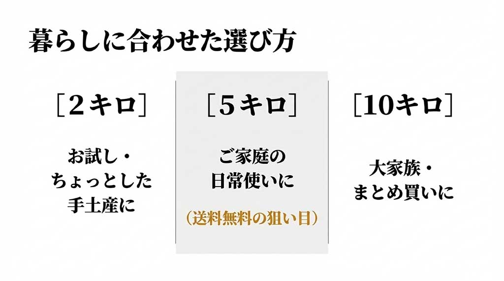 2kg（手土産）、5kg（日常使い）、10kg（まとめ買い）の最適な選び方の比較