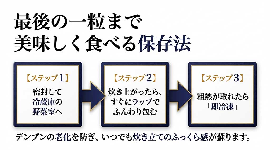 冷蔵庫の野菜室での密封保存と、炊き立てを即冷凍する3つのステップ