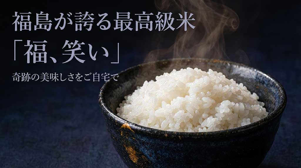 福島米のトップブランド「福、笑い」のタイトルスライド。奇跡の美味しさを家庭で楽しむ。
