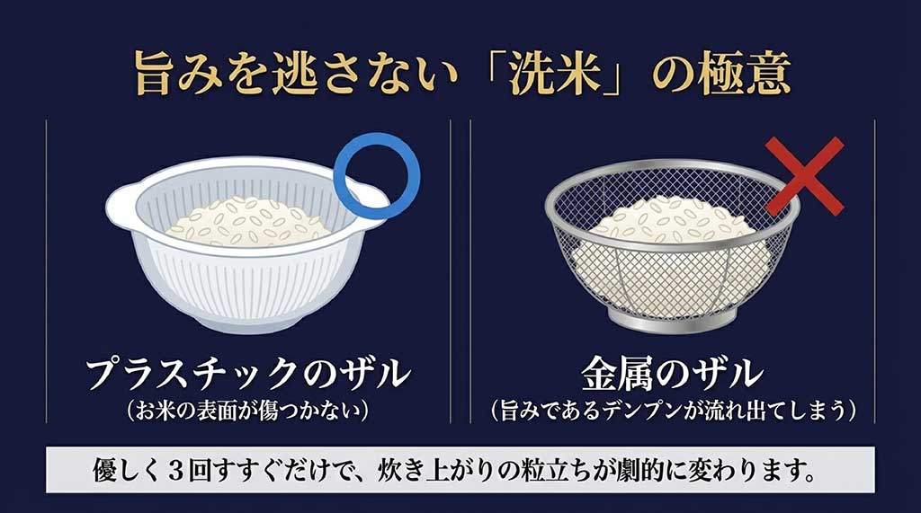 金属ザルではなくプラスチックザルを使う理由。お米を傷つけず粒立ちを劇的に変える方法