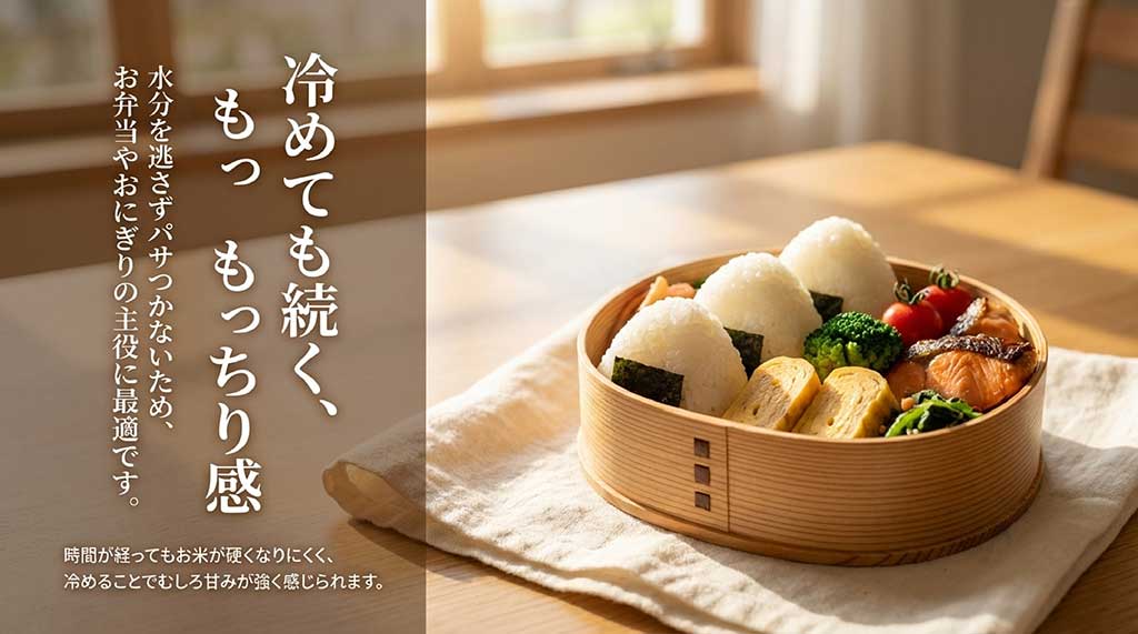 冷めてもお米が硬くなりにくく、甘みが強く感じられる「ふくまる」がおにぎりやお弁当に最適な理由の解説