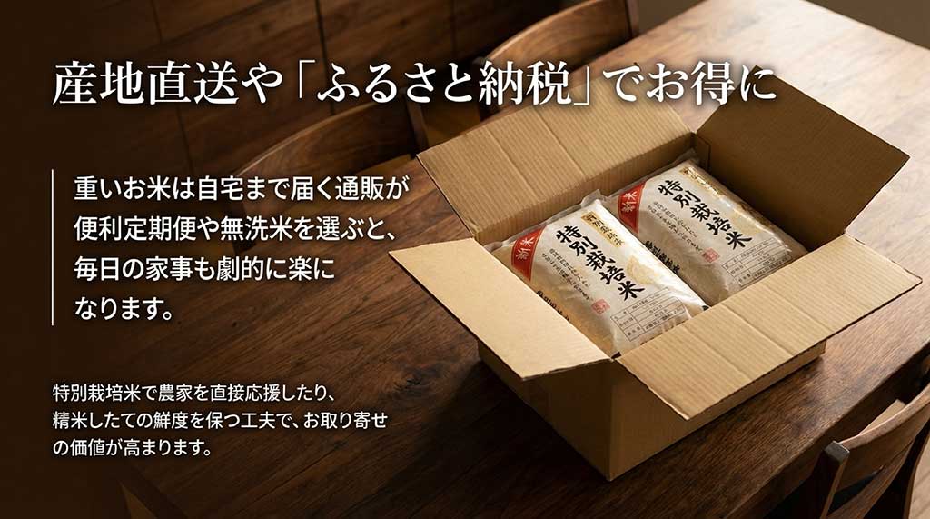 重いお米を自宅に届ける通販や定期便、ふるさと納税、特別栽培米の購入メリットをまとめたスライド
