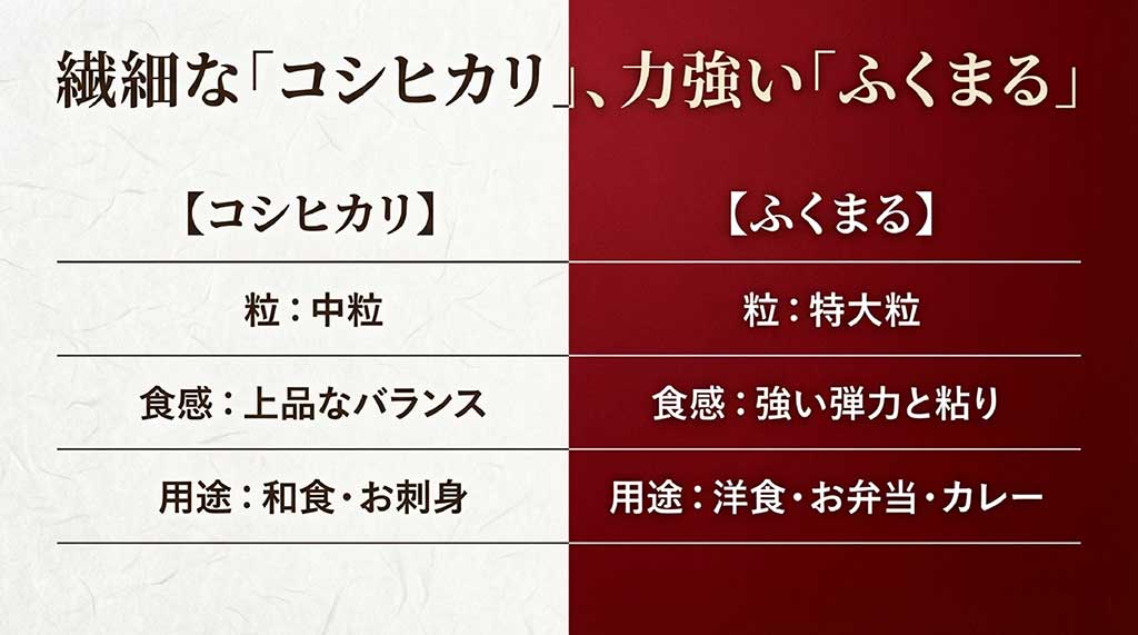 コシヒカリとふくまるの粒サイズ、食感、おすすめの用途(和食対洋食・カレー等)を比較した表
