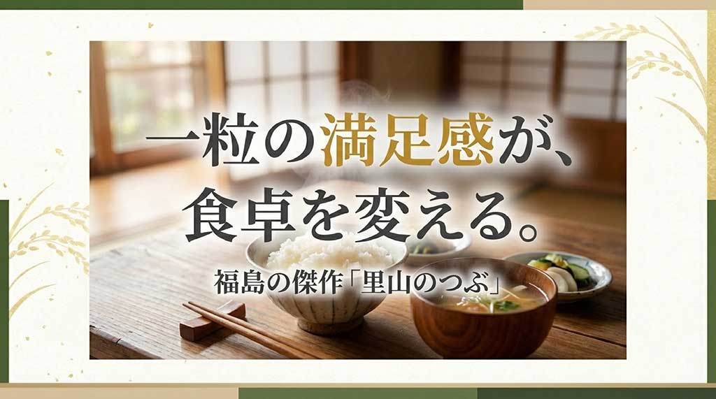 「一粒の満足感が、食卓を変える。」というキャッチコピーと共に、福島の傑作としての里山のつぶを締めくくるエンディングスライド