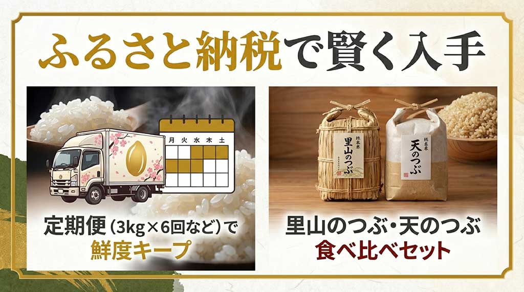 ふるさと納税での入手方法として、里山のつぶと天のつぶの食べ比べセットや、鮮度をキープできる定期便を紹介するスライド