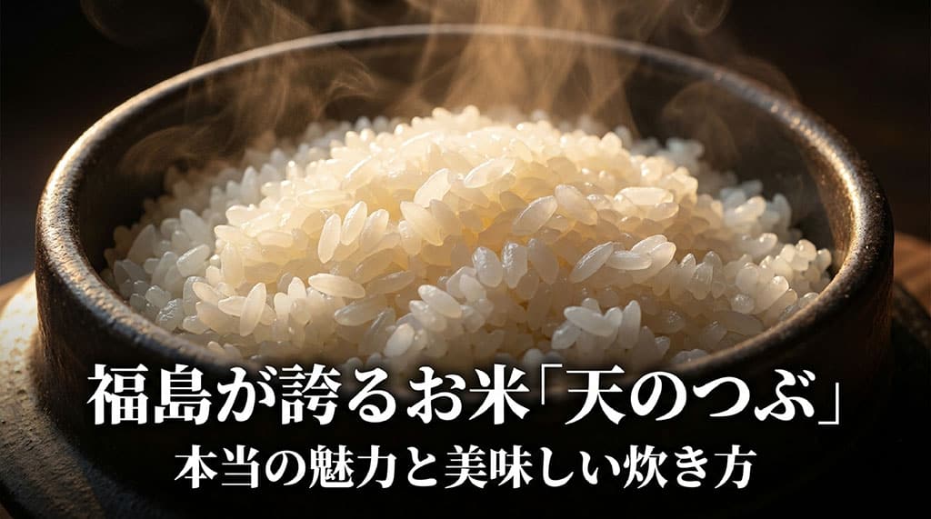 福島が誇るお米「天のつぶ」の本当の魅力と美味しい炊き方について紹介するアイキャッチ画像。