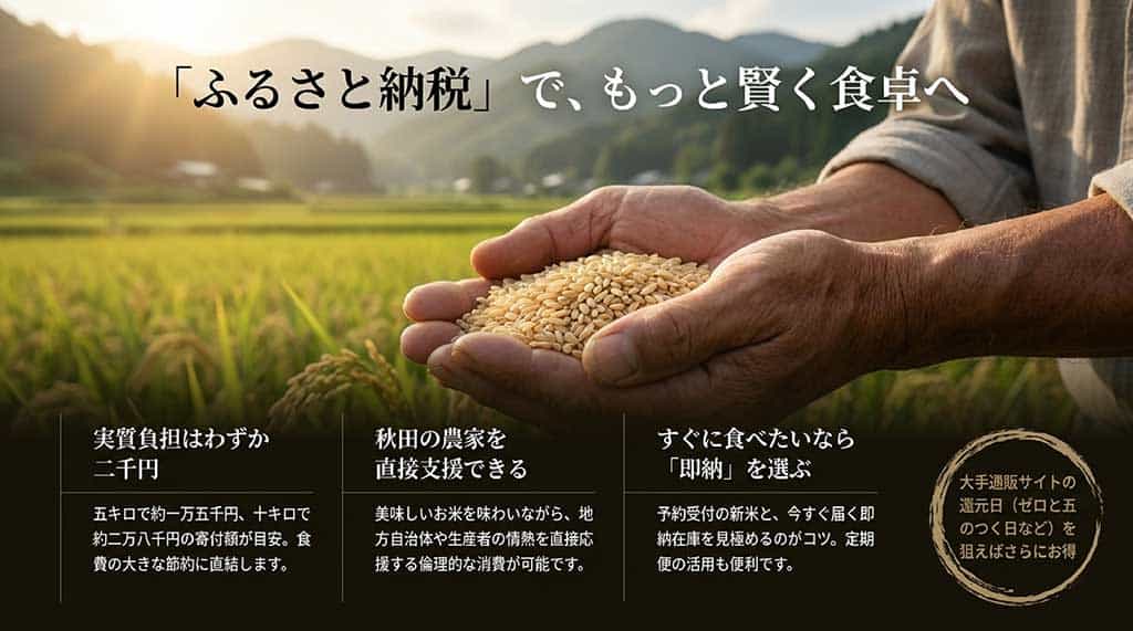 ふるさと納税活用のスライド。実質2,000円での入手、農家支援、即納在庫の確認、ポイント還元日の狙い目について解説