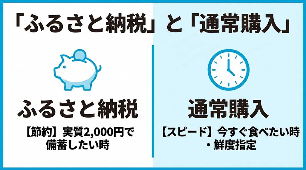 節約重視なら「ふるさと納税」、スピードと鮮度重視なら「通常購入」という、二つの賢い買い方の比較