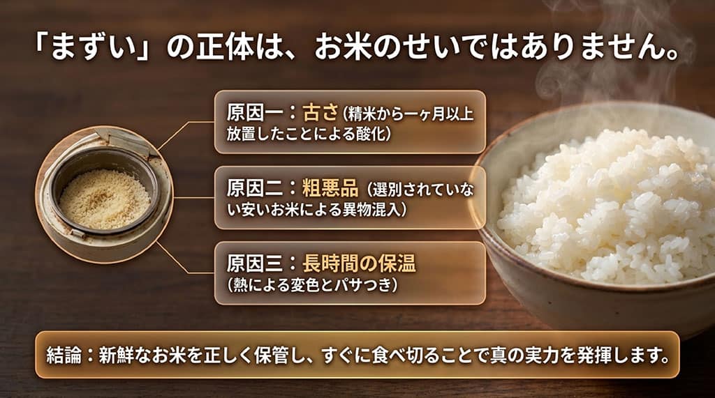 精米後の酸化や長時間の保温など、お米がまずくなる3つの原因と正しい管理方法をまとめたスライド