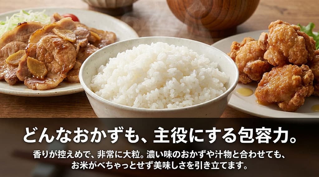 大粒で香りが控えめなふさこがねが濃い味のおかずや汁物によく合うことを説明するスライド