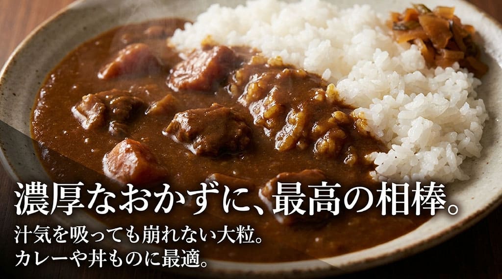 濃厚なおかずに最高の相棒。汁気を吸っても崩れない大粒で、カレーや丼ものに最適。