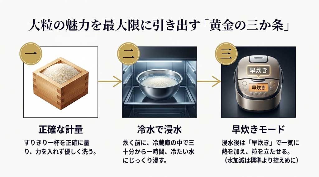 正確な計量、冷水での浸水、そして「早炊きモード」で一気に熱を加え粒を立たせる炊飯術