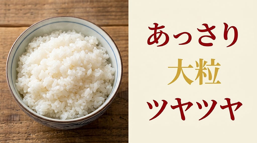 ふさおとめの特徴である「あっさり」「大粒」「ツヤツヤ」の文字