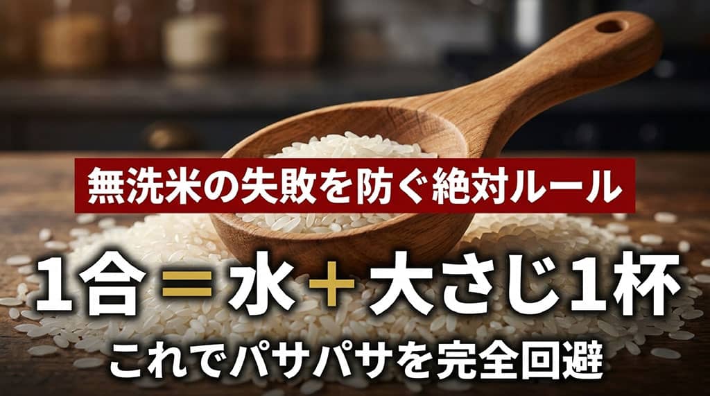 無洗米の失敗を防ぐ絶対ルール。1合につき水を大さじ1杯追加することでパサパサを完全回避。