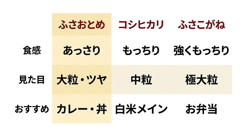 ふさおとめ、コシヒカリ、ふさこがねの食感、見た目、おすすめの食べ方を比較した表