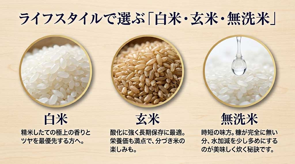 ライフスタイルに合わせ、ツヤ重視の白米、保存性重視の玄米、時短の無洗米それぞれの特徴を解説