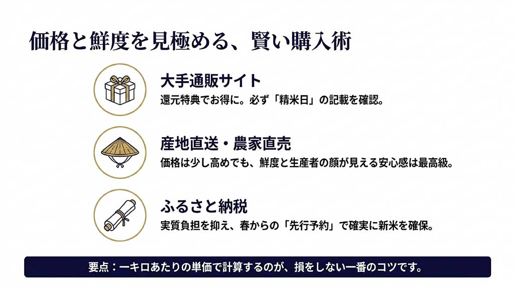 大手通販、産地直送、ふるさと納税の各メリットと、1キロあたりの単価で計算するコツをまとめた図解