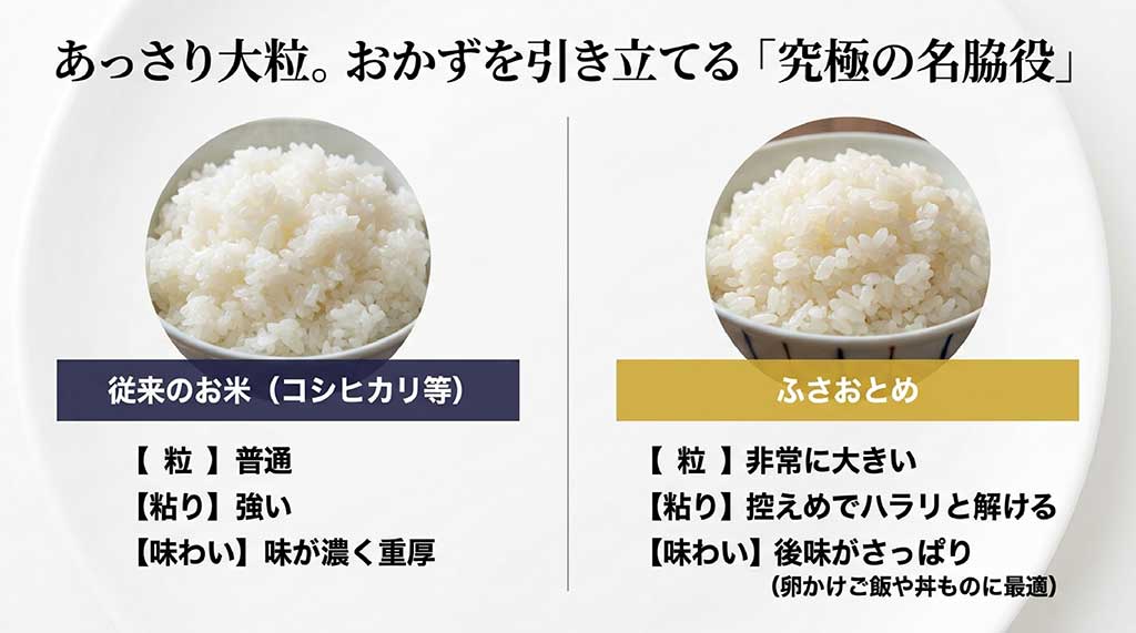 コシヒカリに比べ、ふさおとめは粒が非常に大きく、粘り控えめで後味がさっぱりしている特徴を比較した図解
