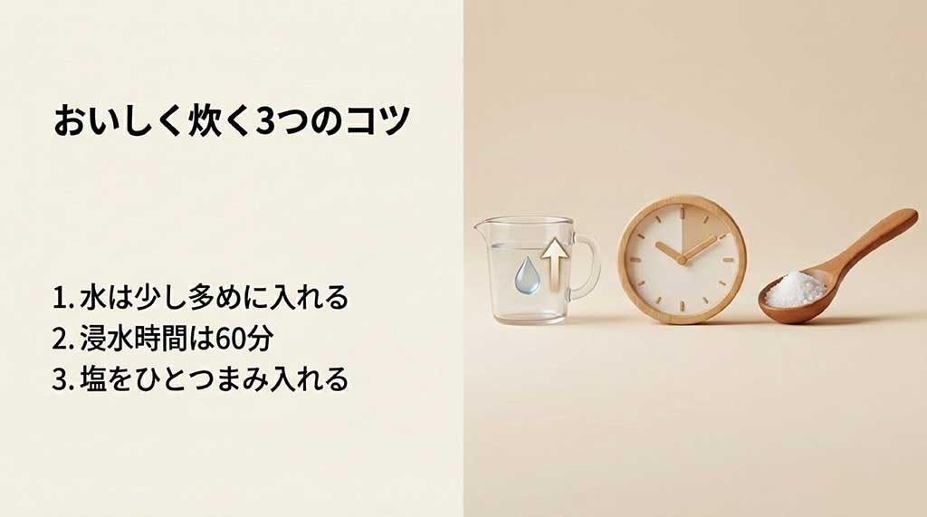 1.水は少し多め、2.浸水60分、3.塩をひとつまみ、という3つの炊飯ポイントをまとめたガイド