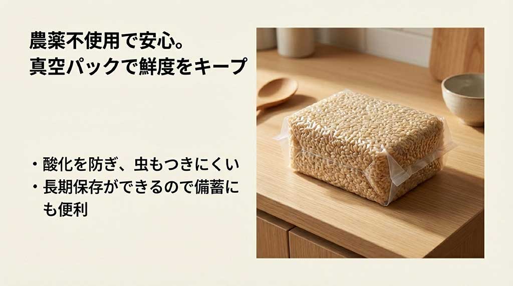 キッチンに置かれた玄米の真空パック。農薬不使用で安心なことや、酸化・虫を防ぎ長期保存が可能であることを解説