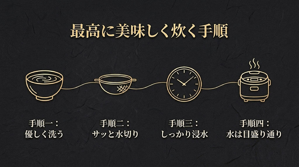 優しく洗う、サッと水切り、しっかり浸水、水は目盛り通りに行う、元気つくしを美味しく炊く4つの手順