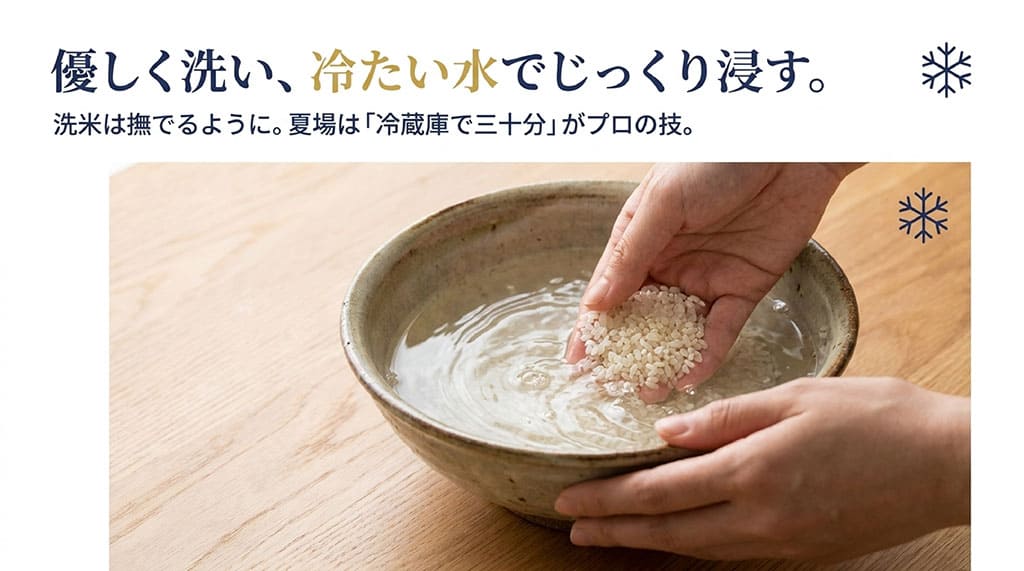 夢つくしを優しく洗い、夏場は冷蔵庫で30分じっくり浸水させるプロの技を説明するイメージ画像スライド