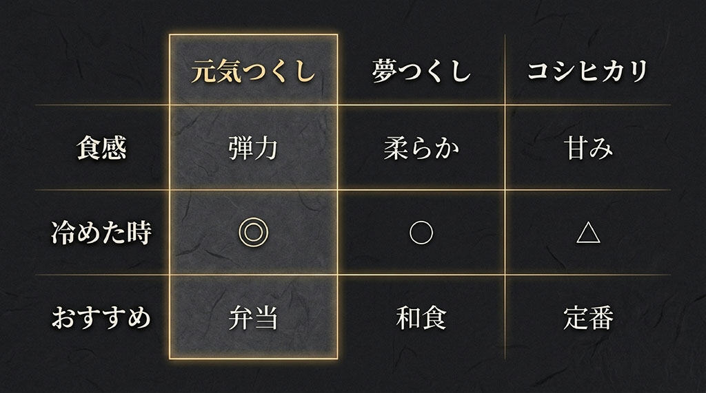 弾力などの食感、冷めた時の味、おすすめの用途で比較した元気つくし、夢つくし、コシヒカリの一覧表