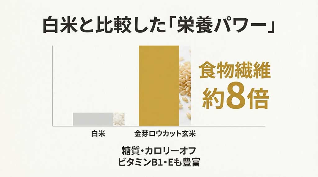 白米と比較して食物繊維が約8倍、糖質・カロリーオフ、ビタミンB1・Eも豊富であることを示す栄養比較グラフ