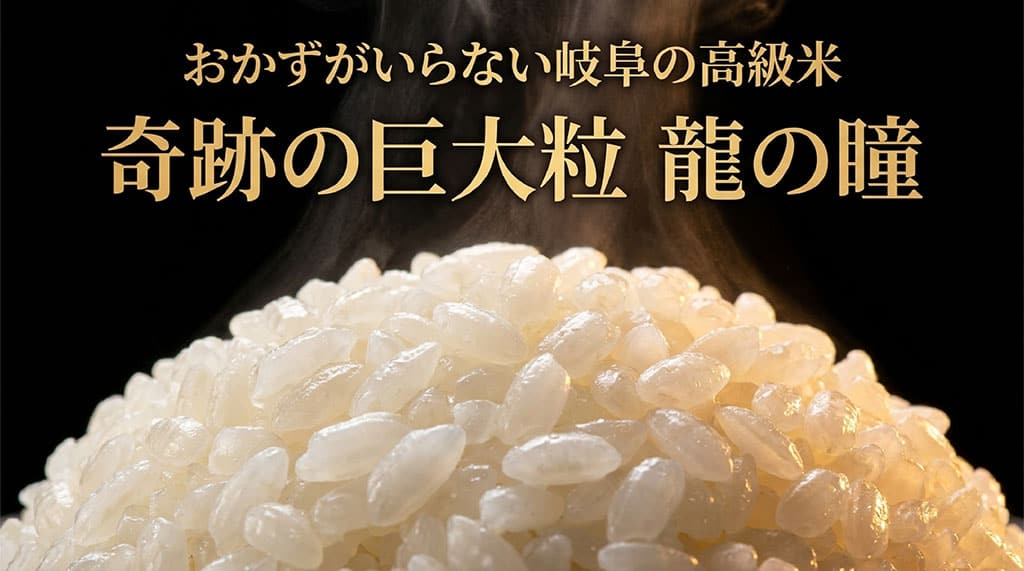 岐阜の高級ブランド米「龍の瞳」の紹介スライド。おかずがいらない奇跡の巨大粒と書かれています。