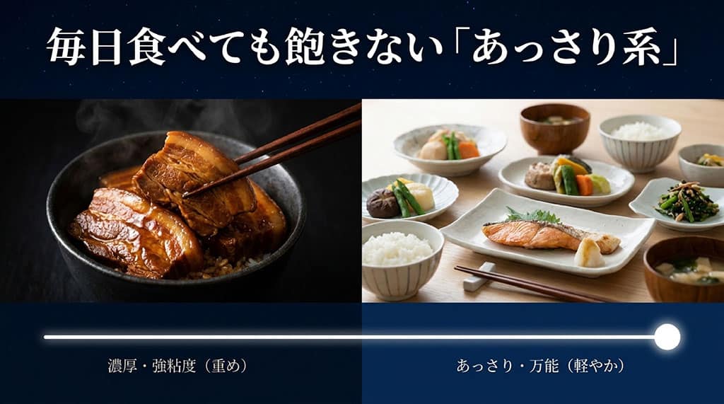 美味しそうな和食の食卓風景の写真。毎日食べても飽きないあっさり系、濃厚・強粘度(重め)からあっさり・万能(軽やか)へのグラデーションを示すイメージ