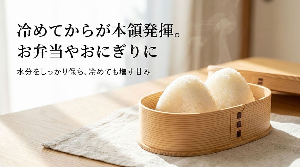 冷めてからが本領発揮。お弁当やおにぎりに。水分をしっかり保ち、冷めても増す甘みと書かれたスライド