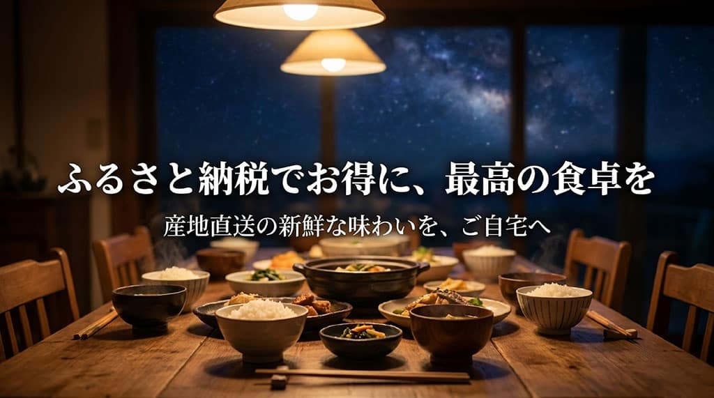 ふるさと納税でお得に、最高の食卓を。産地直送の新鮮な味わいをご自宅へと書かれたスライド