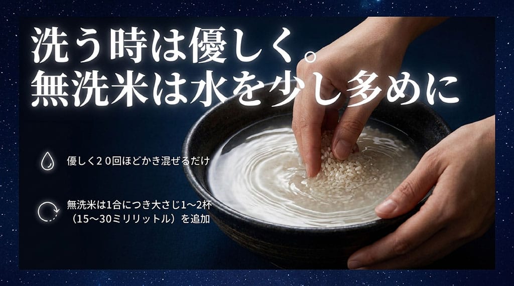 洗う時は優しく、無洗米は水を少し多めに。優しく20回ほどかき混ぜるだけ、無洗米は1合につき大さじ1から2杯を追加と書かれたスライド