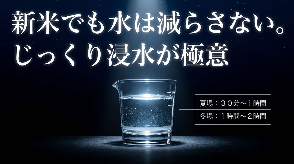 新米でも水は減らさない。じっくり浸水が極意。夏場30分から1時間、冬場1時間から2時間と書かれたスライド